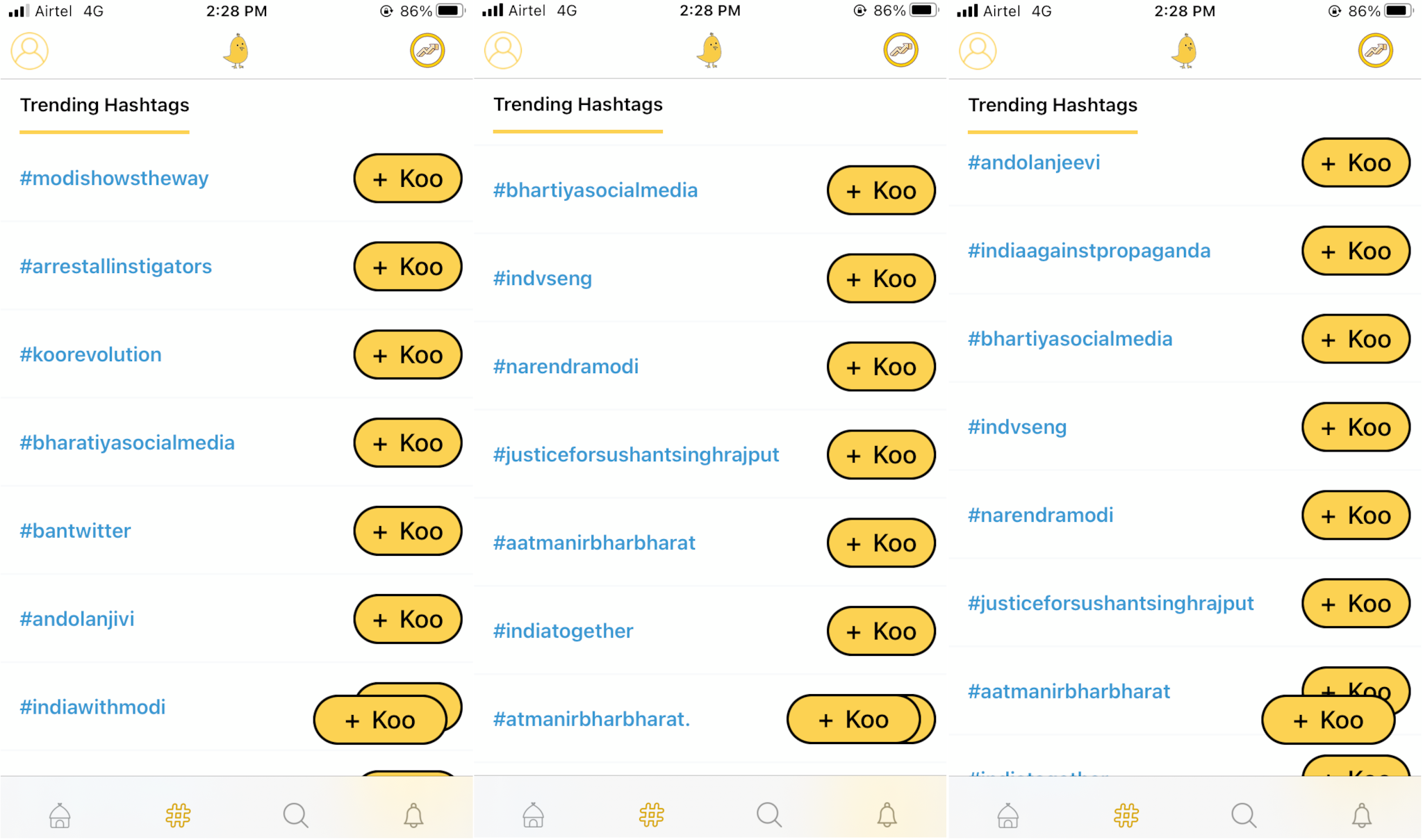 image 4 trending hashtags on koo