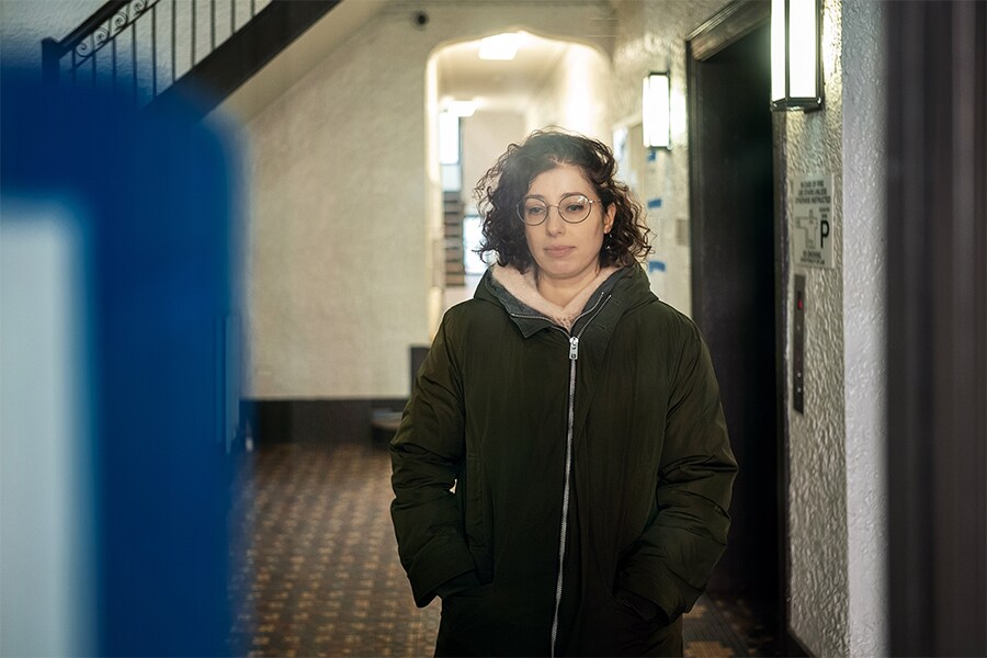 Jane Tuv, with her daughter, Lila, chatting by video with her aunt in Kyiv, Ukraine at their apartment in Queens. Tuv is having so many panic attacks about her aunt, who is refusing to leave, that she has turned to medication. (Misha Friedman/The New York Times)