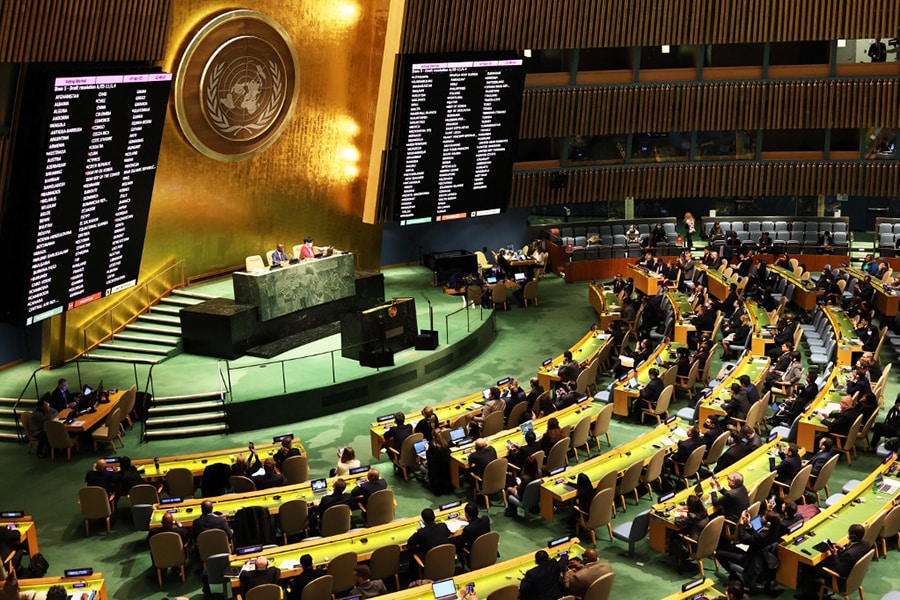 The results of the votes to expel Russia from the U.N. Human Rights Council of members of the United Nations General Assembly is seen on a screen during a continuation of the Eleventh Emergency Special Session on the invasion of Ukraine on April 07, 2022 in New York City. The United Nations General Assembly continued its special session on the invasion of Ukraine and will vote on a draft resolution that would expel Russia from the U.N. Human Rights Council after the discovery of dozens of civilian bodies in the town of Bucha after Russian forces retreated from the town. (Credit: Michael M. Santiago/Getty Images/AFP)