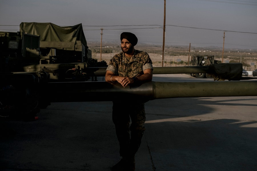 Capt. Sukhbir Singh Toor at Marine Corps Air Ground Combat Center Twentynine Palms in California, Sept. 24, 2021. On April 11, Captain Toor and three other Sikhs sued the Marine Corps in U.S. District Court for the District of Columbia, saying the Corps’ refusal to grant a religious waiver is arbitrary and discriminatory, and violates the constitutional right to free exercise of their religion. (Mark Abramson/The New York Times)