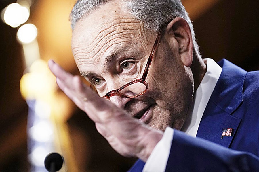 Senate Majority Leader Chuck Schumer (D-NY) speaks during a news conference after passage of the Inflation Reduction Act at the U.S. Capitol August 7, 2022 in Washington, DC. The Senate worked overnight Saturday into Sunday as they moved toward final passage of Senate budget reconciliation deal, which Senate Democrats have named The Inflation Reduction Act of 2022. The final vote was 51-50, with the tie-breaking vote being cast by Vice President Kamala Harris. Image: Drew Angerer/Getty Images/AFP

