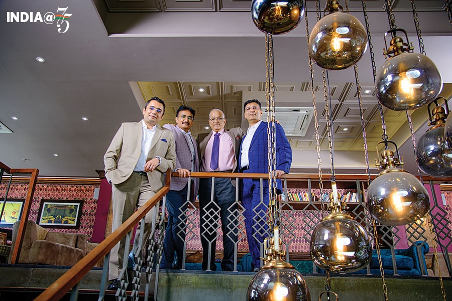 (From left) Priyam, Parag, Rasesh and Paras Desai at Wagh Bakri Tea Lounge in Ahmedabad
Image: Kapil Kashyap