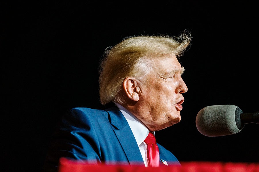 Donald Trump holds a rally at the county fairgrounds in Waukesha, Wis. on Aug. 5, 2022. (Jamie Kelter Davis/The New York Times)