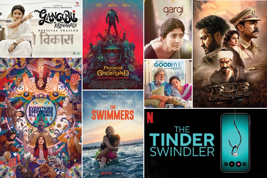 Top row: Gangubau Kathiawadi, Prisoners of the Ghostland, Gargi, RRR; Bottom row: Everything Everwhere All At Once, The Swimmers, Goodbye, The Tinder Swindler