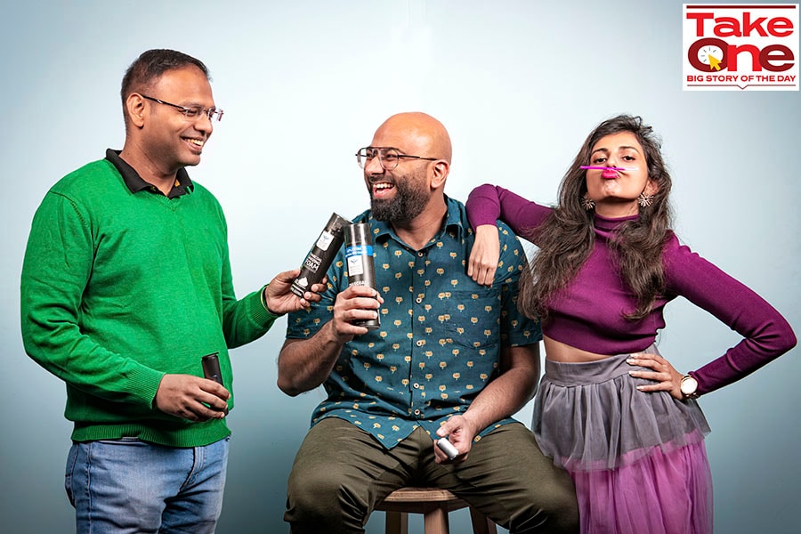 Deepak Gupta, Co-Founder, Shantanu Deshpande Founder and CEO at Bombay Shaving Company, Siddha Jain Chief Business Officer at Bombae. Photo by Amit Verma