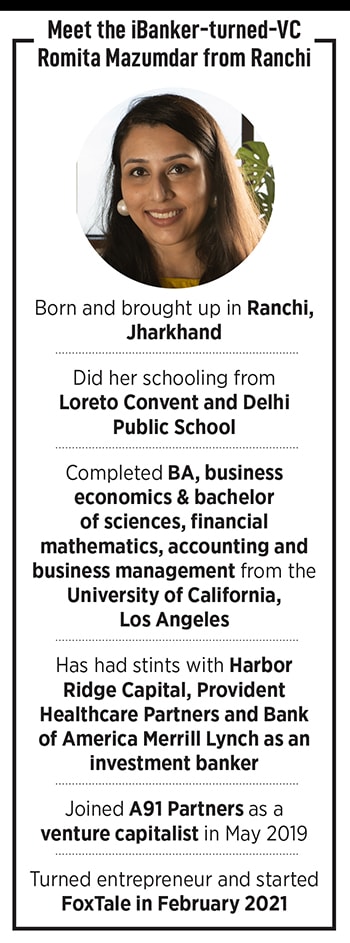 This is an infographic giving the gist of Romita Mazumdar's career that started with her stint as an investment banker and now she is also a VC and a founder of Foxtale.