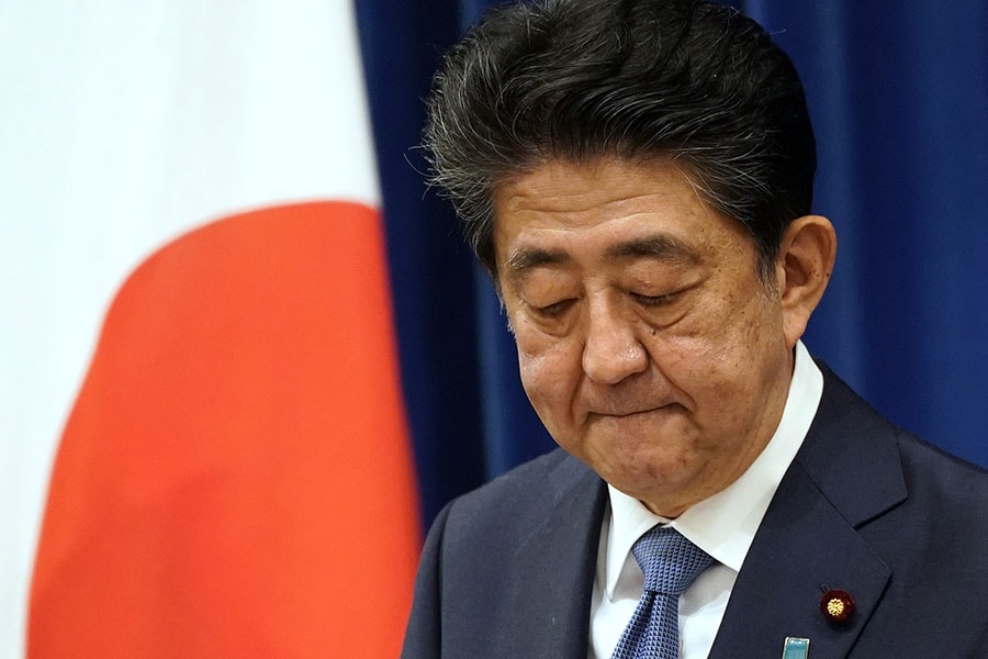 A file photo of Shinzo Abe at his official residence during his Prime ministership in Tokyo, Japan, 28 August 2020 when he had just announced his resignation due to health concerns. Photo by Franck Robichon/Pool/Anadolu Agency via Getty Images