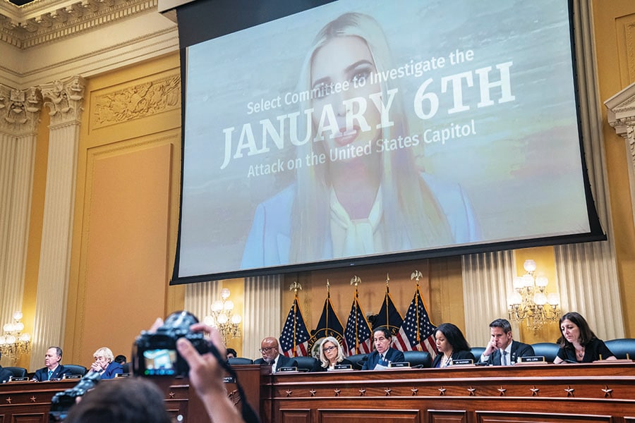 Video of testimony by Ivanka Trump is played during the seventh public hearing of the House Select Committee to Investigate the January 6 Attack on the U.S. Capitol, on Capitol Hill in Washington, July 12, 2022. (Haiyun Jiang/The New York Times)