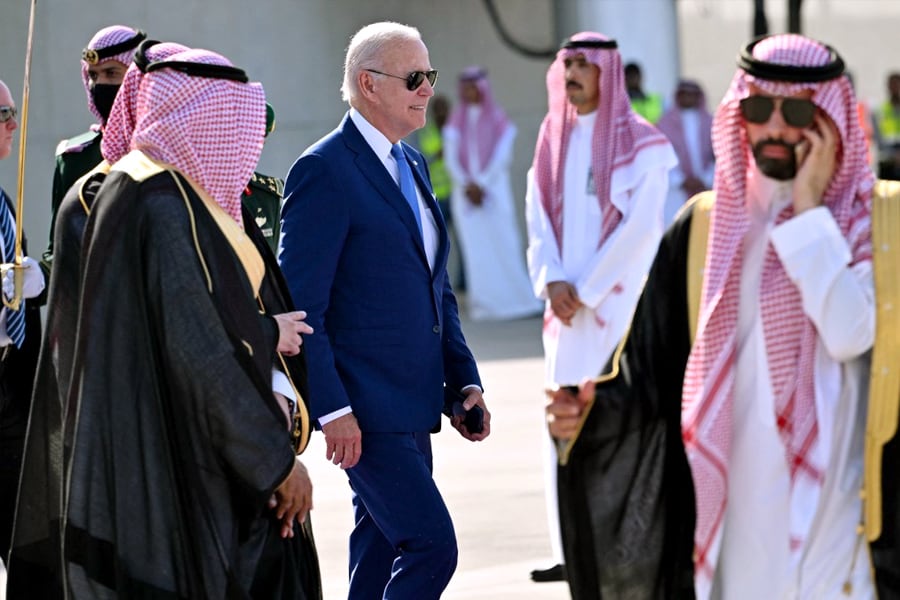 US President Joe Biden boards Air Force One before departing from King Abdulaziz International Airport in the Saudi city of Jeddah on July 16, 2022, at the end of his first tour in the Middle East as president. Image: MANDEL NGAN / AFP

