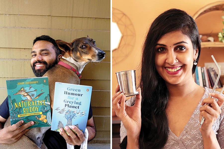 Rohan Chakravarty (left) has authored books on climate conservation issues; Nayana Premnath makes videos on sustainability