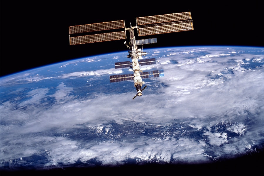 A photo provided by NASA shows the International Space Station in August 2001. The station was built as a symbol of post-Cold War cooperation between the world’s space superpowers. (NASA via The New York Times)