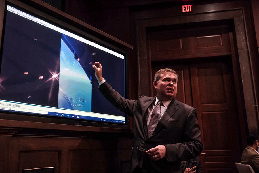 Scott Bray, the deputy director of naval intelligence, appears at a House intelligence subcommittee hearing on unidentified aerial phenomena in Washington on Tuesday, May 17, 2022. NASA is financing a study, independent from the Pentagon’s, that will scientifically examine these unexplained sightings. (Michael A. McCoy/The New York Times)