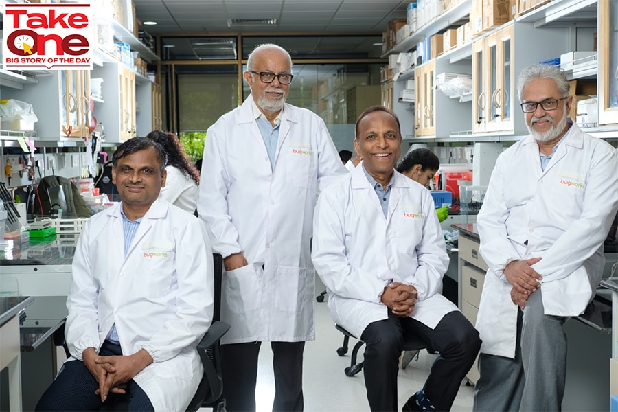  Left to right: Shahul Hameed, Santanu Datta, Anand Anandkumar, and Balasubramaniam V - Bugworks Reasearch cofounders.
Photo credits: Nishant Ratnakar for Forbes India