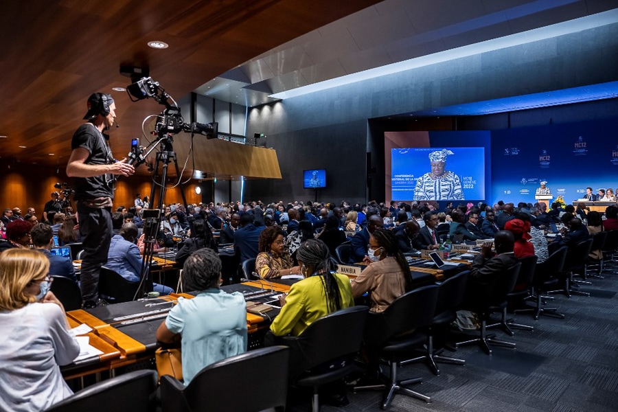 Official delegations listen to the speech of Nigerian Director General of the World Trade Organisation (WTO) Ngozi Okonjo-Iweala at their headquarters in Geneva, on June 12, 2022. Fishing subsidies is the flagship deal that the WTO's leader Ngozi Okonjo-Iweala was hoping to get passed at the global trade body's first ministerial conference in nearly five years (Image: Martial Trezzini / Pool / AFP)