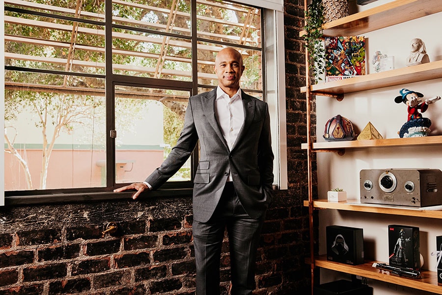 Kareem Daniel, the first Black executive to run a major division in Disney’s 99-year history, at the company’s studio in Burbank, Calif., May 10, 2022. The colossal job of chairman of Disney Media and Entertainment Distribution, which was created to give priority to the company’s streaming services, has made the little-known Daniel one of the entertainment industry’s most powerful executives. (Adam Amengual/The New York Times)