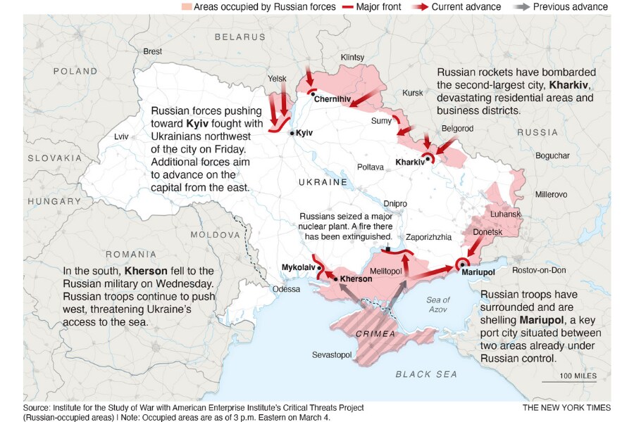 A look at areas under Russian control, and major battlefronts, during Russia's invasion of Ukraine as of the night of March 4. 