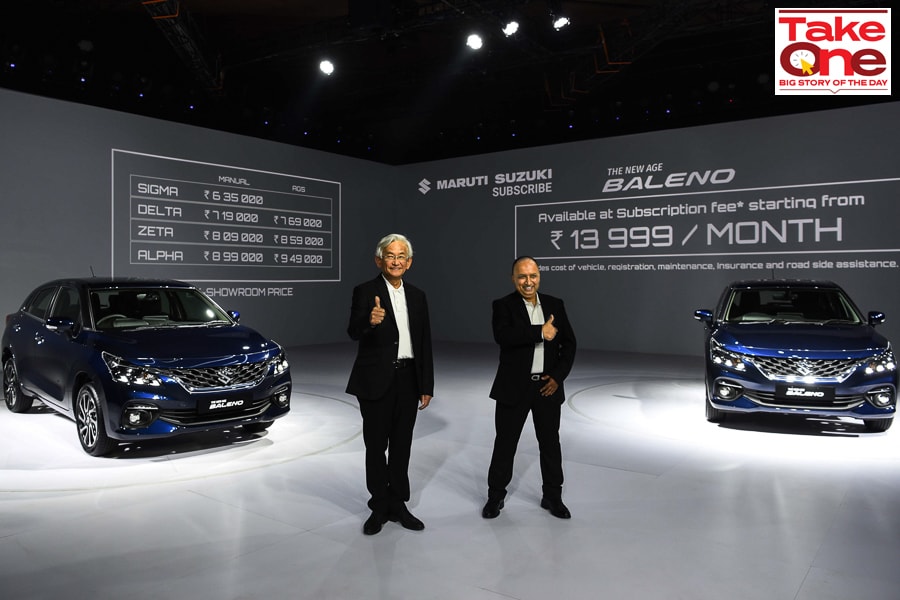 Kenichi Ayukawa, Managing Director & CEO and Shashank Srivastava, Sr Executive Director Marketing and Sales, Maruti Suzuki at the launch of New Age Baleno at Aero City, New Delhi on February 23, 2022.
Photo by Vipin Kumar/Hindustan Times via Getty Images