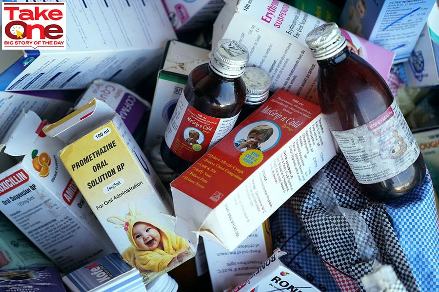 A photograph shows collected cough syrups in Banjul on October 06, 2022. - Indian authorities are investigating cough syrups made by a local pharmaceutical company after the World Health Organisation said they could be responsible for the deaths of 66 children in The Gambia.
Image: Milan Berckmans / AFP