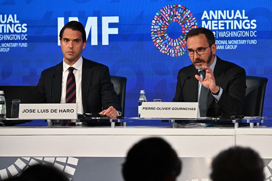 International Monetary Fund (IMF) chief economist Pierre-Olivier Gourinchas speaks at a press conference with IMF communications officer Jose Luis De Haro during the World Bank/IMF annual meeting at IMF headquarters in Washington, DC, on October 11, 2022. Image: Jim WATSON / AFP

