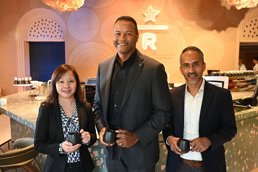 [L-R] Emmy Kan, president, Starbucks coffee, Asia Pacific; Michael Conway, group president, International and Channel Development, Starbucks and Sushant Dash, CEO, Tata Starbucks at the launch of India’s first Starbucks Reserve store in Mumbai 