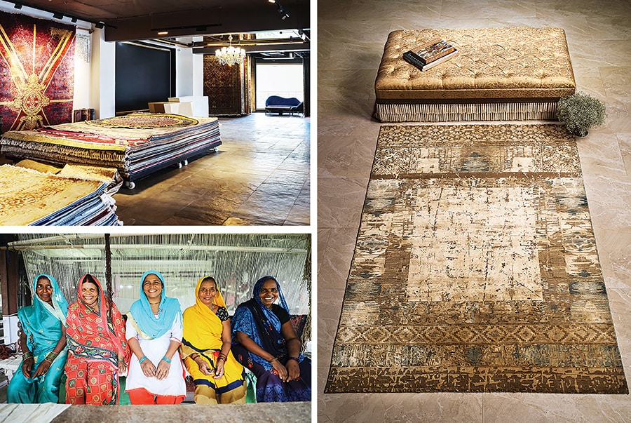 Obeetee stores, like the one in Delhi, serve as experience centres, with the most exclusive white-glove service; Windswept, a hand-knotted silk-and-wool rug—part of the Abstract Art collection by Tarun Tahiliani for Obeetee; weavers at the Obeetee factory in Mirzapur, Uttar Pradesh. The company has given the workers the dignity they deserve