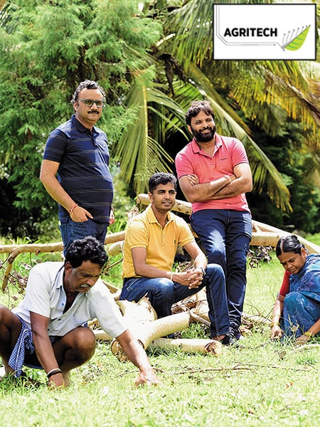 BigHaat co-founders: Sachin Nandwana (second from left), director, Sateesh Nukala (centre), CEO, and Kiran Vunnam (second from right), senior VP. <br>Image: Hemant Mishra for Forbes India