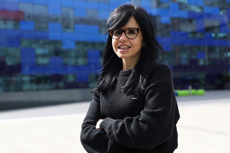 
British physicist Jessica Wade poses for a photograph following an interview with AFP, outside of The Royal School of Mines in London
Image: Isabel Infantes / AFP 