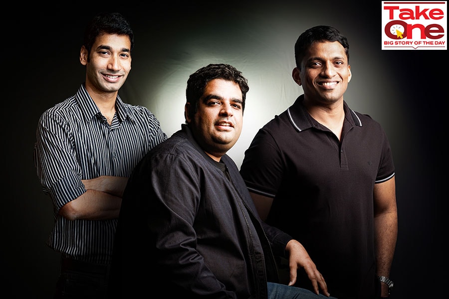 L to R: Vedantu’s Vamsi Krishna, Unacademy's Gaurav Munjal, Byju’s Byju Raveendran
Photo imaging: Kapil Kashyap