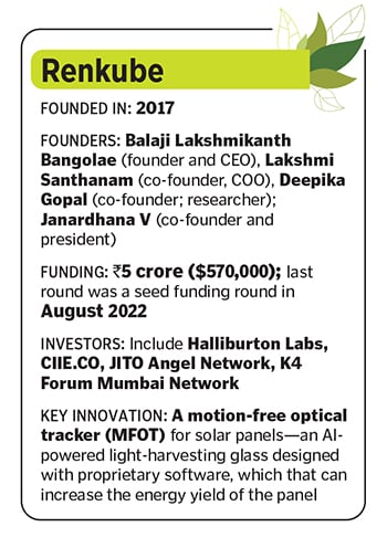 (L to R) Lakshmi Santhanam, Balaji Lakshmikanth Bangolae and Deepika Gopal, Co-founders of RenKube  at a solar field in Karnataka.
Image: Selvaprakash Lakshmanan for Forbes India