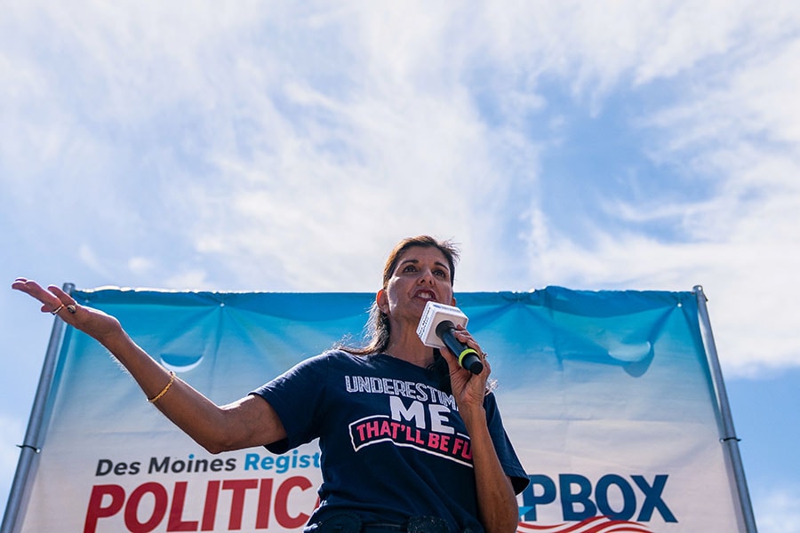 Former US ambassador to the UN and 2024 Republican Presidential hopeful Nikki Haley speaks during the Des Moines Register Political Soapbox at the Iowa State Fair in Des Moines, Iowa, on August 12, 2023. Image: Stefani Reynolds / AFP 