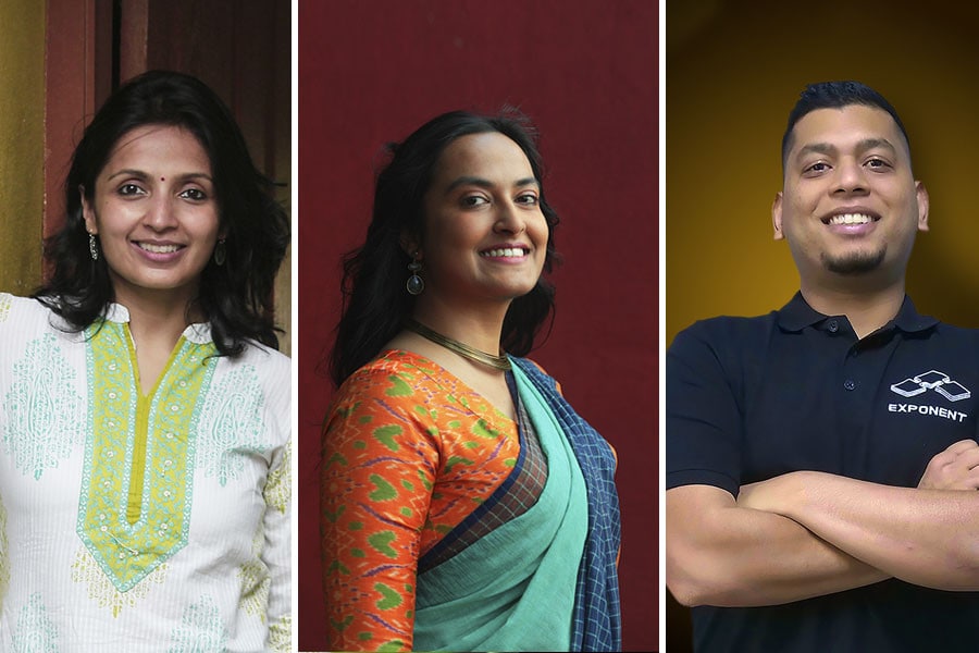 (L to R), Sucharita Mukherjee, CEO, Kaleidofin; Shruti, CEO, ApnaKlub; Arun Vinayak, CEO, Exponent Energy. Image: P Ravikumar; SELVAPRAKASH LAKSHMANAN