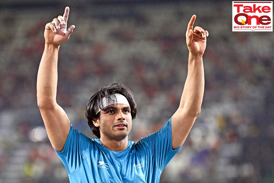 (File) Neeraj Chopra celebrates after winning the men's javelin at the World Athletics Championship in Budapest. Chopra is the first Indian to win the event Image: Kirill Kudryavtsev / AFP 