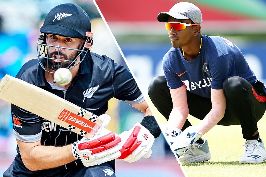 On left, Daryl Mitchell of New Zealand and on the right is Kumar Kushagra who is headed for Delhi Capitals. Image: AFP and Getty Images