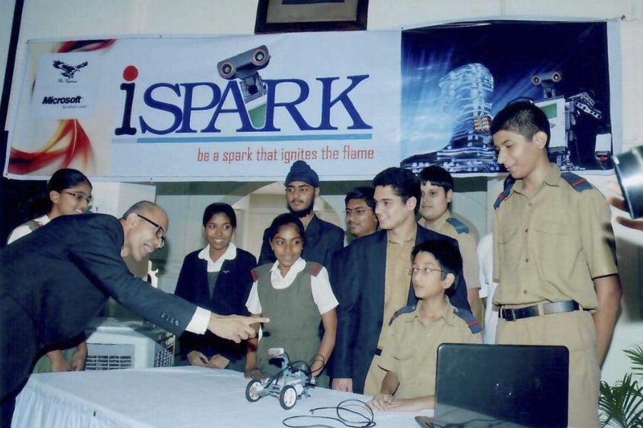 Microsoft CEO Satya Nadella interacting with students of The Hyderabad Public School during a science and tech event 30th September, 2011.