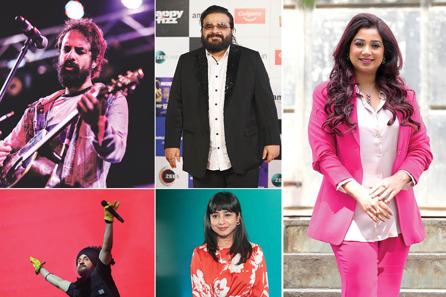 (Top) (From L to R): Ankur Tewari, Pritam, and Shreya Ghoshal. (Bottom) (From L to R): Diljit Dosanjh and Shilpa Rao.