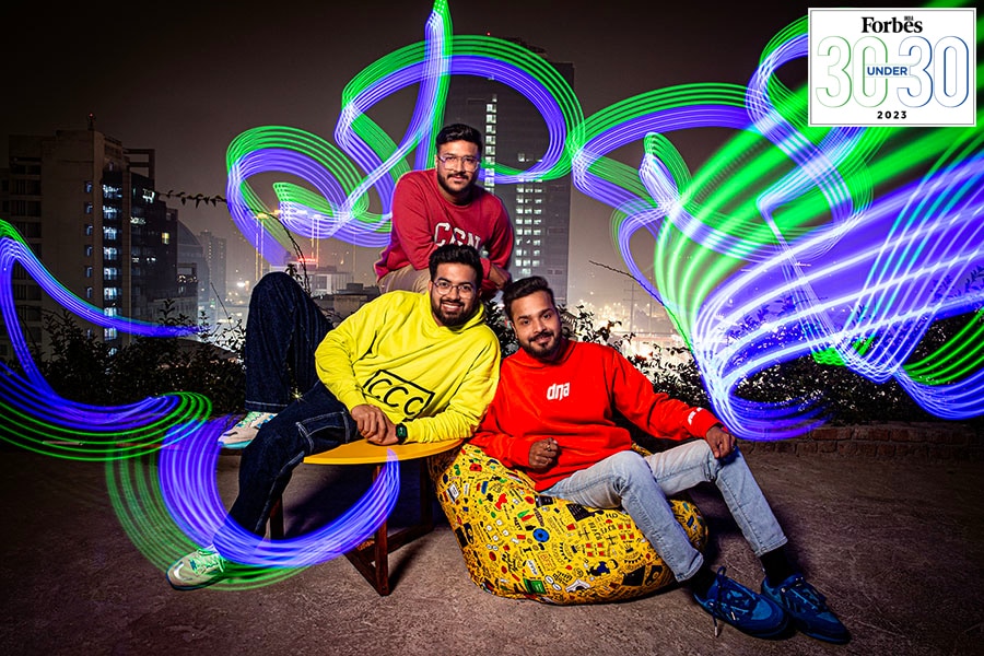 (Clockwise from top) Atulya Kaushik, Manish Agarwal and Aashay Mishra’s PrepInsta has about 2.25 lakh paid active subscribers in the B2C model Image: Madhu Kapparath; light painting: Kapil Kashyap