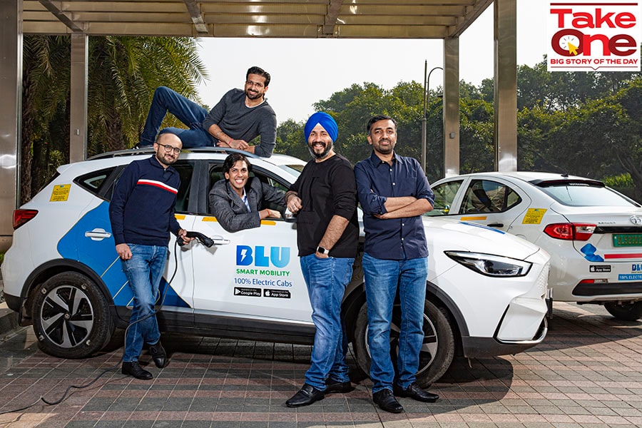 BluSmart team (from left): Anirudh Arun, Chief Operations Officer; Punit Goyal, Co-Founder; Tushar Garg, Chief Business Officer; Anmol Singh Jaggi, CEO and Co-Founder; Rishabh Sood, Chief Technology Officer. BluSmart is India's first all electric cab service where the company leases, owns and operates EVs.
Image: Madhu Kapparath