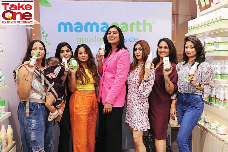 MamaEarth cofounder Ghazal Alagh (centre) at their exclusive brand outlet in Mumbai
Image: Courtesy MamaEarth