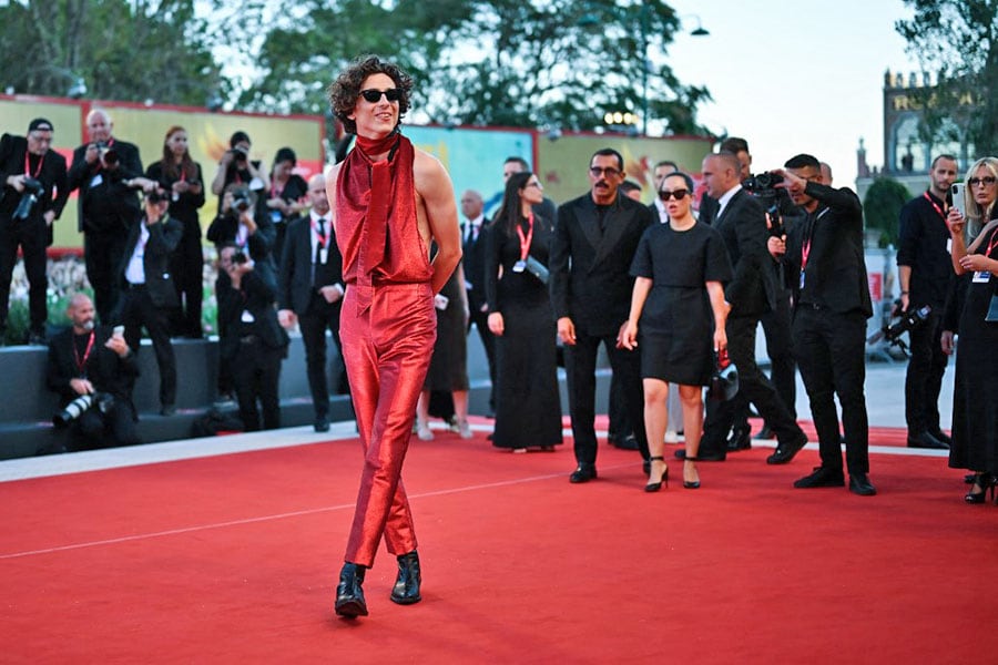 French US actor, Timothee Chalamet in a daring outfit at a film screening at the 79th Venice International Film Festival at Lido di Venezia in Venice, Italy.
Image: Marco Bertorello / AFP