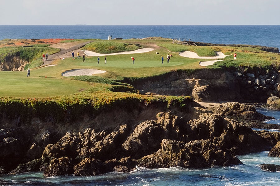 A general view of the 16th hole at the Cypress Point Club golf course during the 1990 AT&T Pebble Beach National Pro-Am held in February 1990 in Pebble Beach, California. Image credit: David Madison/Getty Images