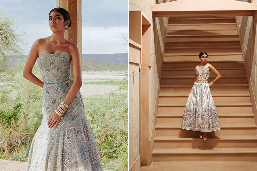 The sage Kusha skirt set with a structured corset and fishtail skirt (left) and the The Alakana skirt set Presented in a creamy ivory, reminiscent of the 1950s (right) are part of 'There She Glows'. Image credit: Anita Dongre