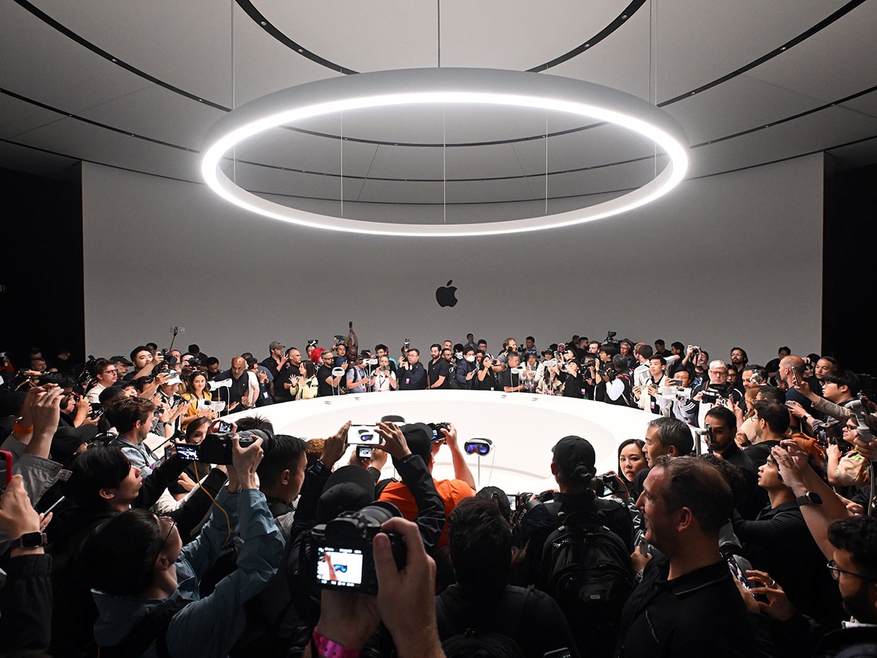 Apple's new Vision Pro virtual reality headset is the cynosure of all eyes during Apple’s Worldwide Developers Conference (WWDC) at the Apple Park campus in Cupertino, California, on June 5, 2023. Image: Josh Edelson / AFP