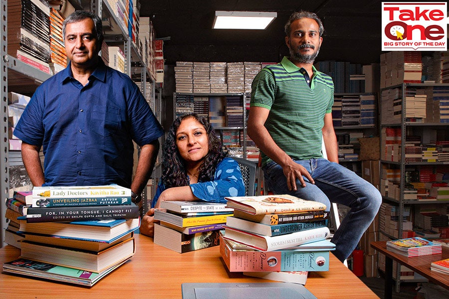 (From left) Gautam Padmanabhan, CEO of Westland who is now the business head of Westland Books at Pratilipi; Karthika VK, publisher, Westland; Ranjeet Pratap Singh, co-founder and CEO, Pratilipi