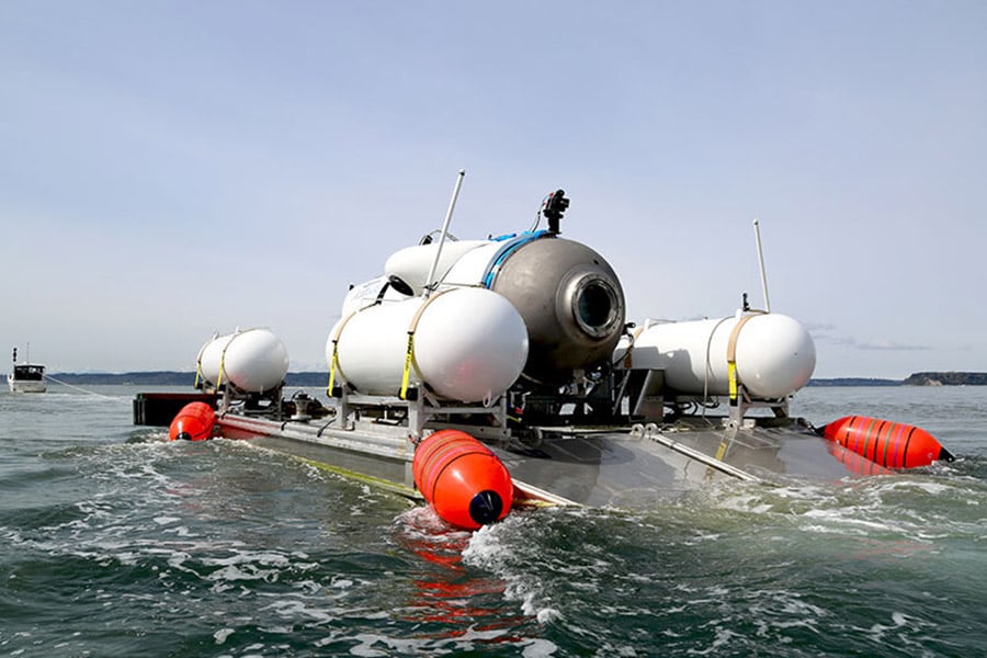 The Titan, a submersible bound for the Titanic wreckage deep under sea level, went missing an hour and 45 minutes into its dive. It has five passengers on board. Image:  Ocean Gate / Handout/Anadolu Agency via Getty Images 