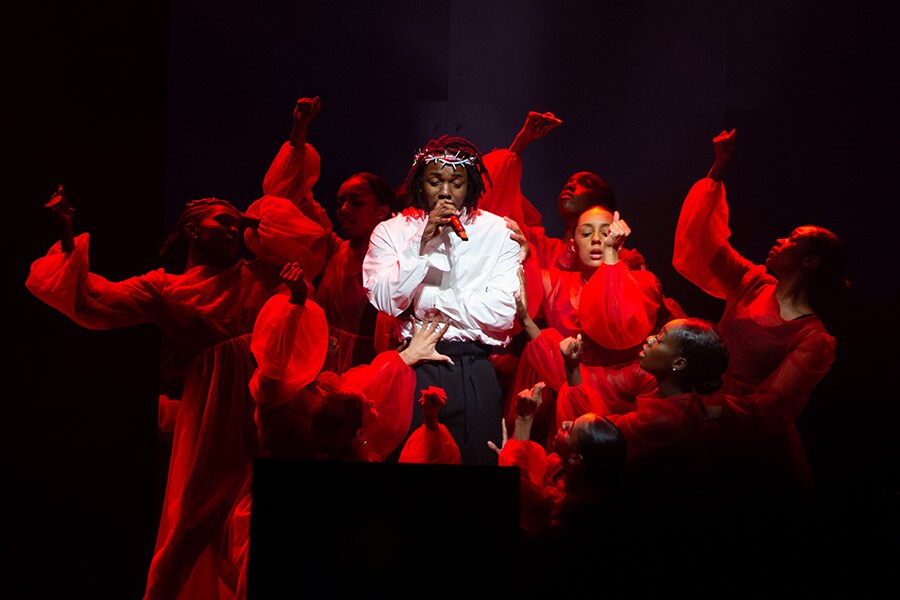 Kendrick Lamar performs on the Pyramid stage during day five of Glastonbury Fest, 2022.