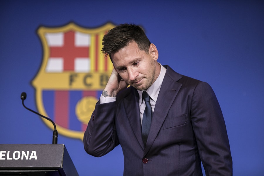 FC Barcelona’s Lionel Messi breaks down during the press conference explaining his farewell from the club on August 08, 2021.