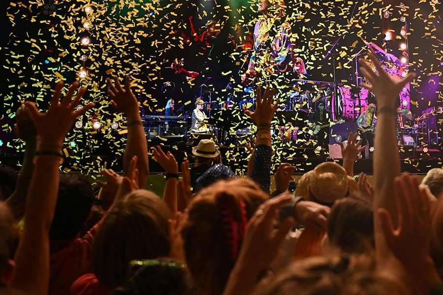 British legendary singer Elton John performs on the Pyramid Stage on day 5 of the Glastonbury festival in the village of Pilton in Somerset, southwest England, on June 25, 2023.