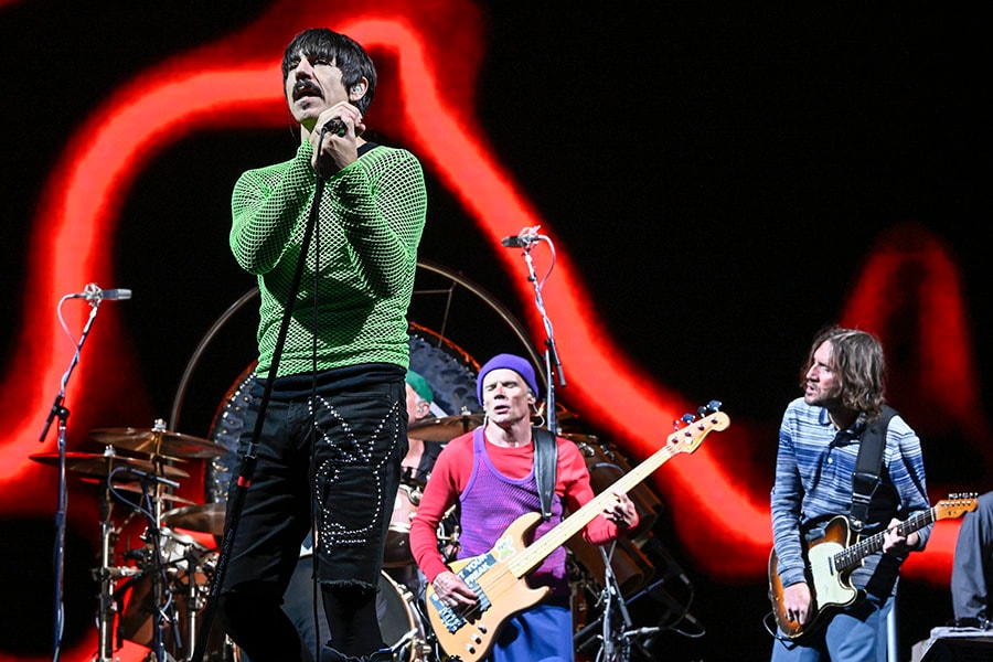 (L-R) Anthony Kiedas, Flea and John Frusciante of Red Hot Chili Peppers perform on Day 3 of BottleRock Napa Valley Music Festival at Napa Valley Expo on May 28, 2023, in Napa, California.