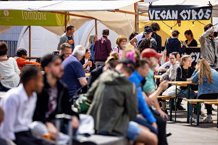  Visitors attend the Vegan Summer Festival at Alexanderplatz square in Berlin on June 16, 2023. Despite being known for their love of sausages and schnitzel, Germans have been steadily eating less meat over the past few years. Image: Odd Andersen / AFP 