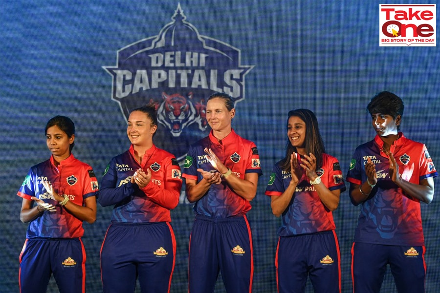 Delhi Capitals cricketers Aparna Mondal, Alice Capsey, Meg Lanning, Jemimah Rodrigues and Minnu Mani at a press conference ahead of the inaugural Women's Premier League (WPL), in Mumbai on March 2. 2023.
Image: Indranil Mukherjee / AFP 